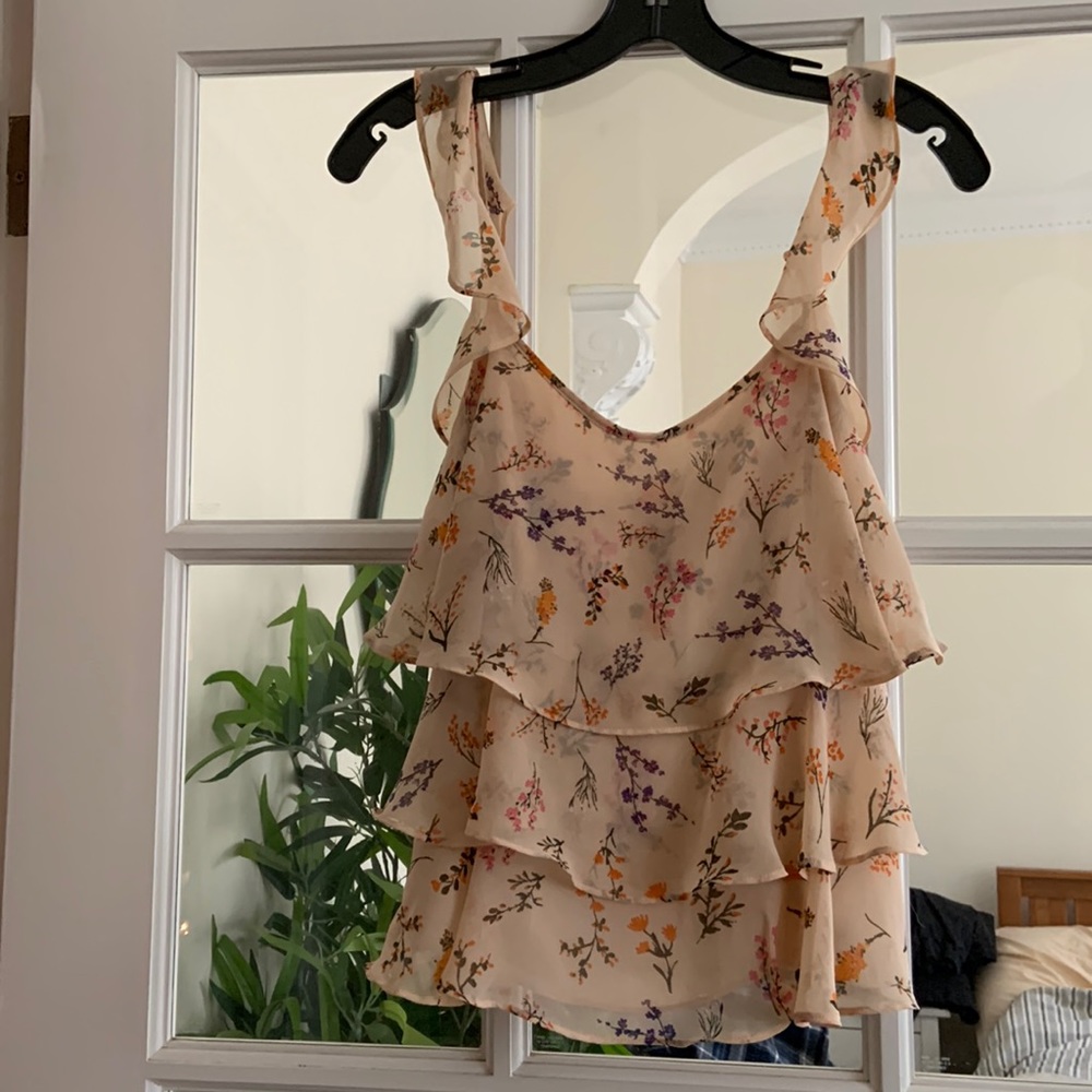 Rebecca Minkoff peach pink strappy floral ruffle top with tie and zip back S